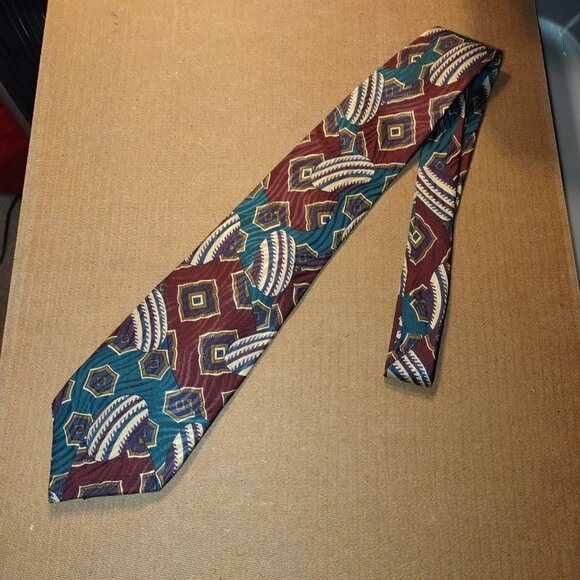 Je Suis Other - Vintage Je Suis Geometric Patterned Silk Tie Multicolor Burgundy Green Blue Mens